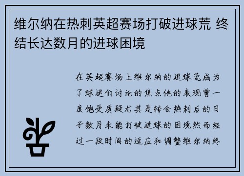维尔纳在热刺英超赛场打破进球荒 终结长达数月的进球困境